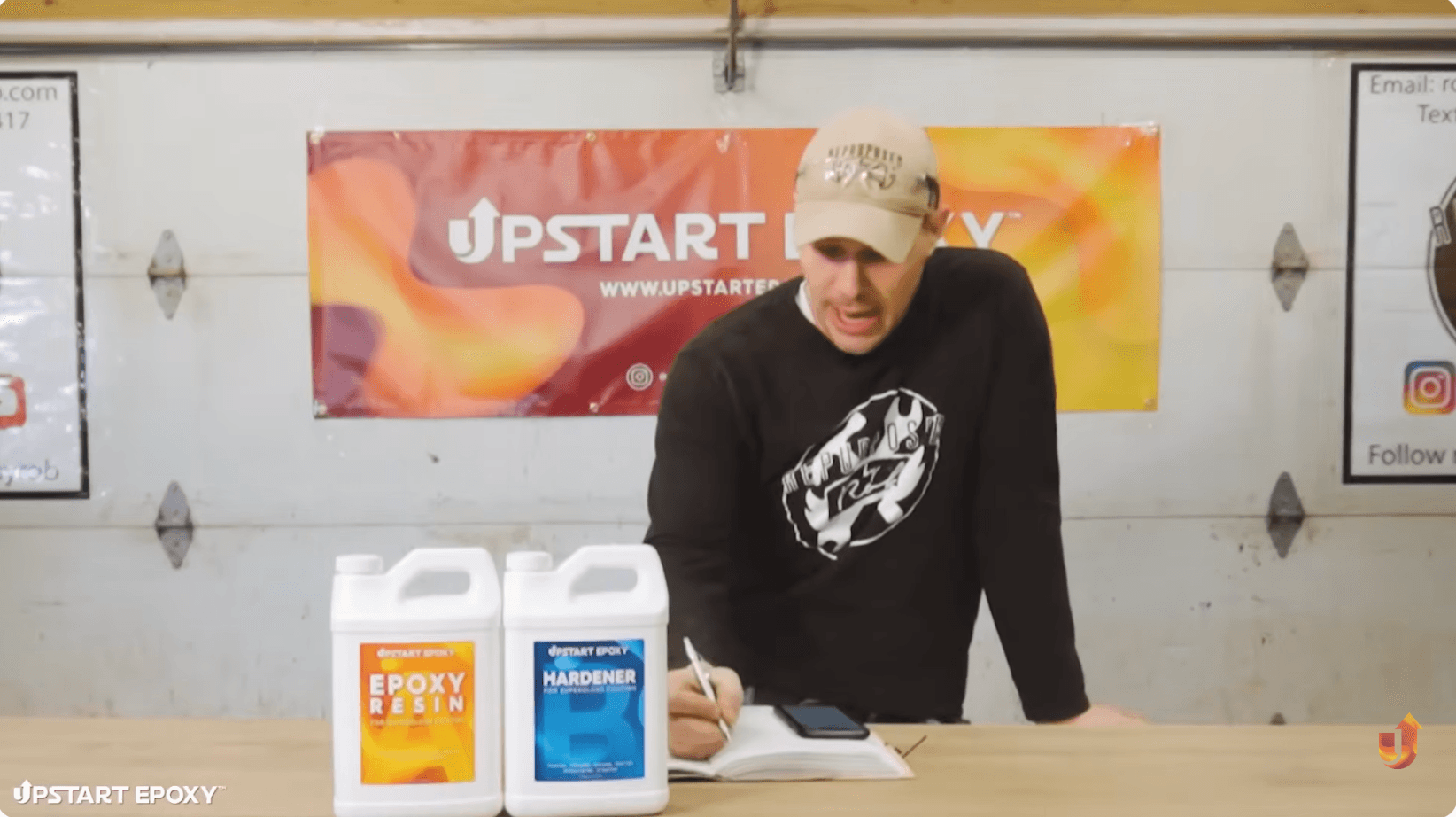Still from the Upstart Epoxy hero ad — a hobbyist pouring epoxy on a real garage project